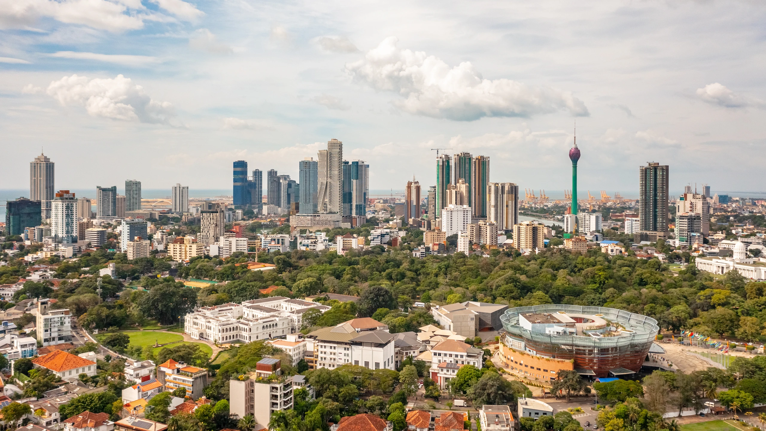 Colombo skyline with Lotus Tower, green parkland and the Nelum Pokuna theatre