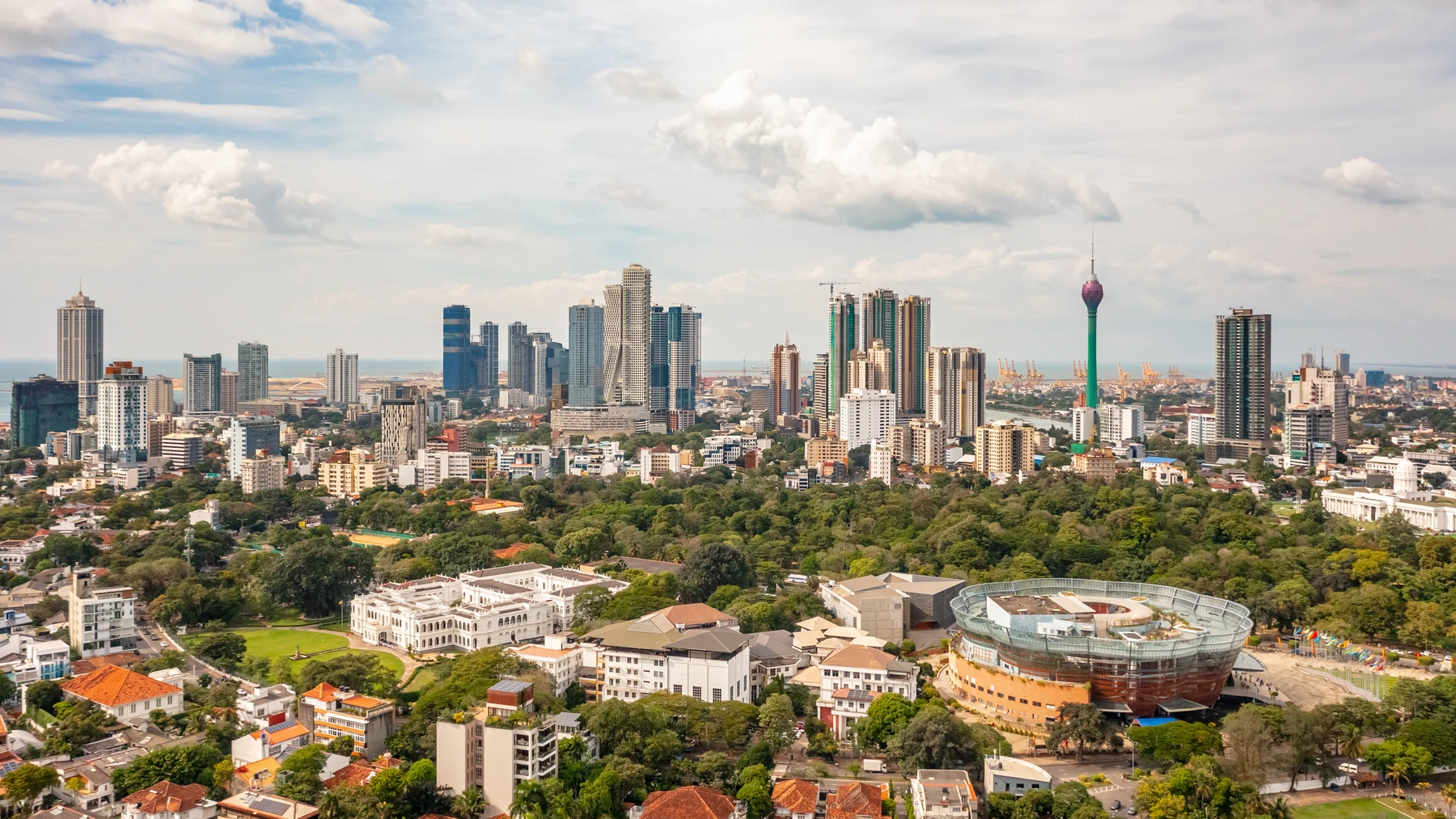 Colombo skyline with Lotus Tower, parkland and Nelum Pokuna theatre